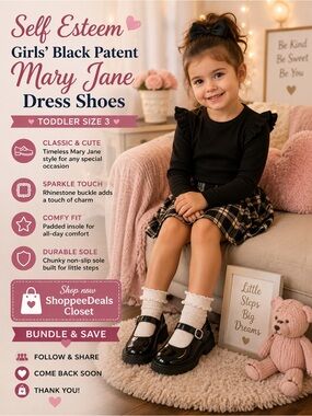 Self Esteem Girls’ Black Patent Mary Jane Dress Shoes – Toddler Size 3